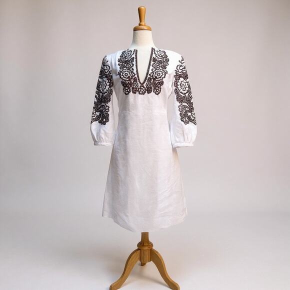 Tory Burch Beaded Mini Dress Tunic Sz 4 White Linen Brown Floral Embellished - Picture 1 of 16